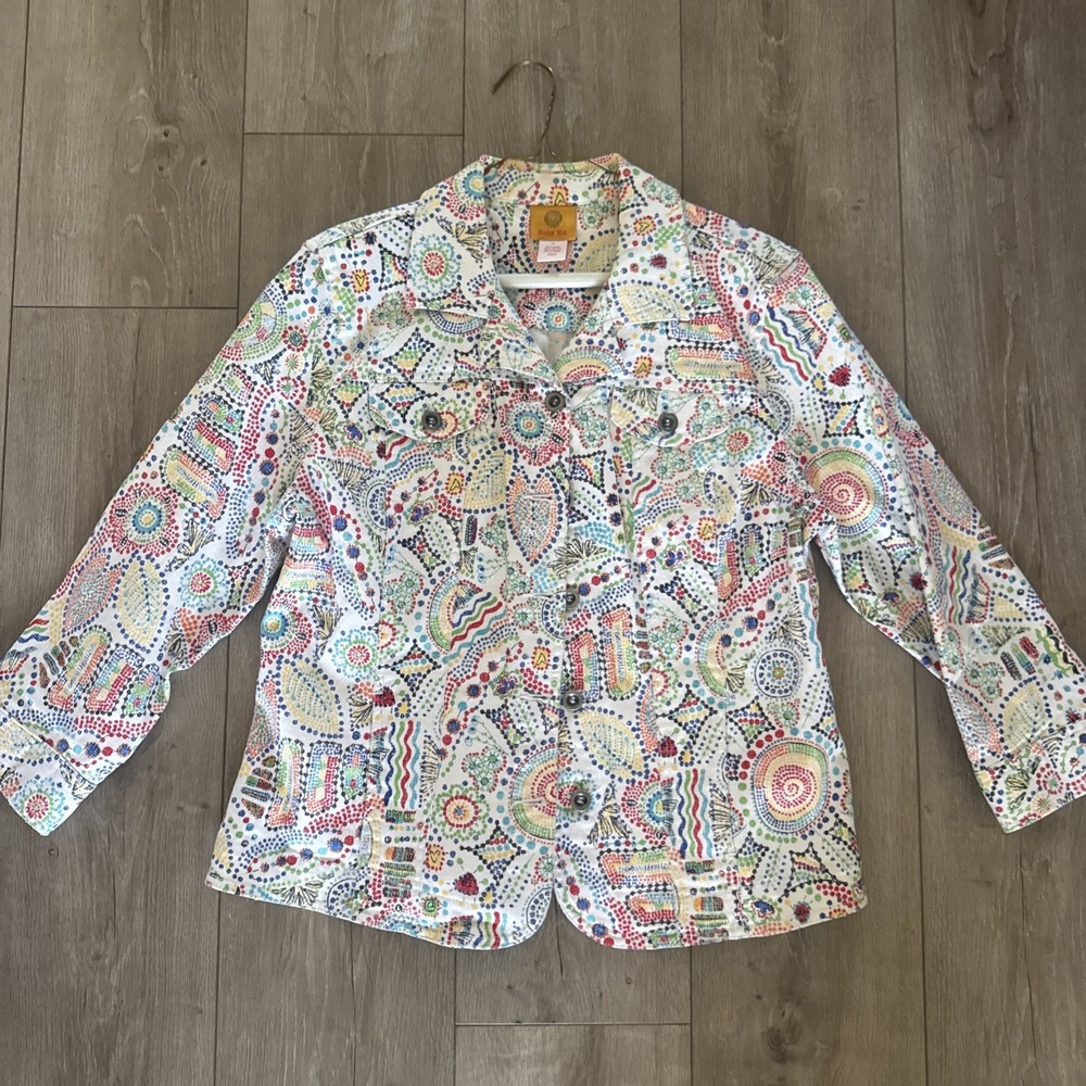 Ruby Rd Jacket Blazer Multi Color Abstract Denim White Size 14